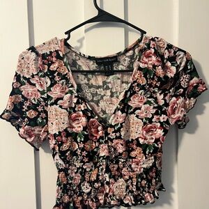 Streetwear Society Floral V-Neck Smocked Blouse - Black and Pink